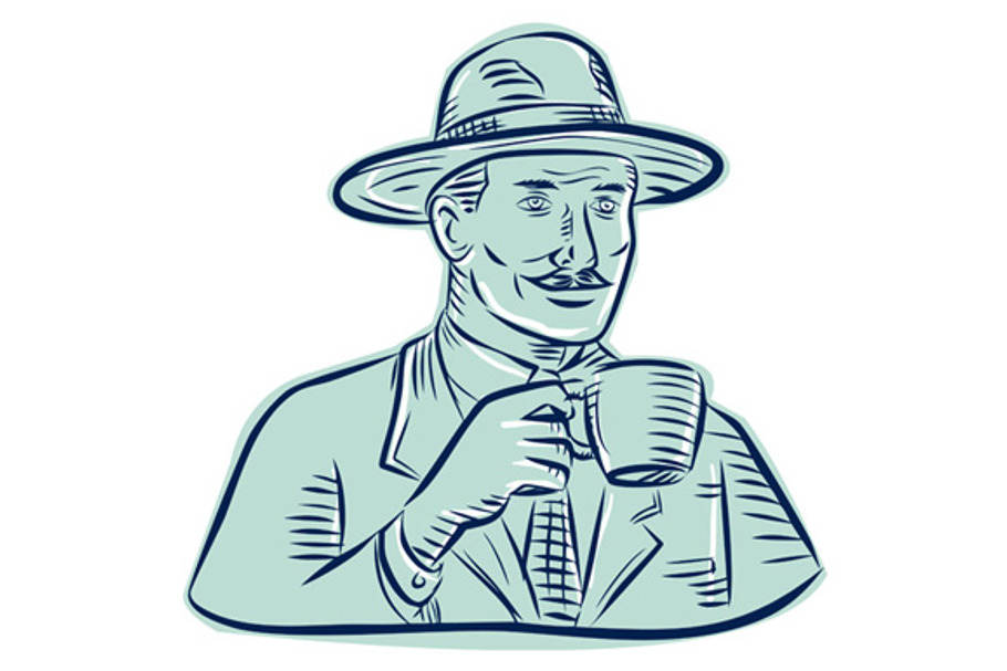 Man Fedora Hat Drinking Coffee Etchi