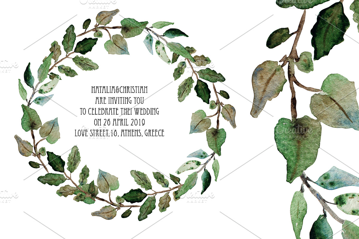 Watercolor Wreath with Leaves(5) in Illustrations - product preview 8