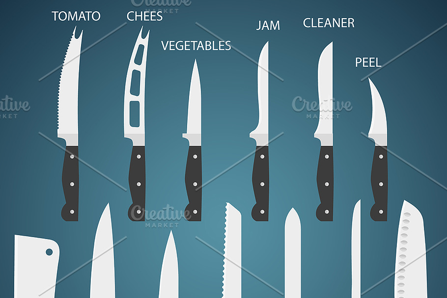 13 Flat Kitchen knives with function in Illustrations - product preview 8