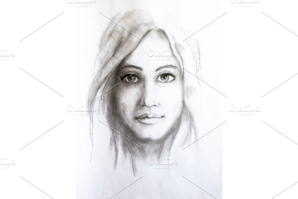 Portrait of a girl, drawn in pencil in Illustrations - product preview 8