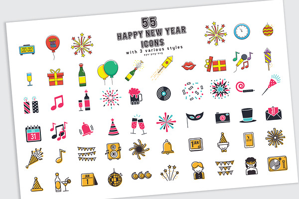 55 happy new year icons in 3 styles