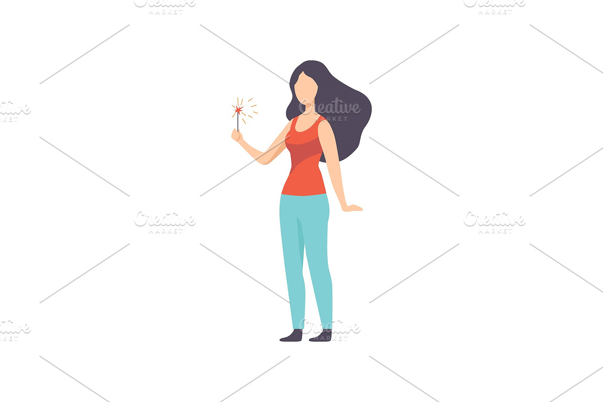 Brunette woman holding sparkler in Illustrations - product preview 8