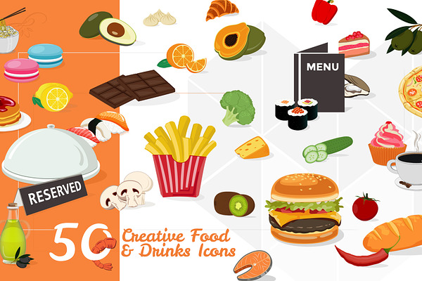 50 Food & Drinks Icons: PSD / AI