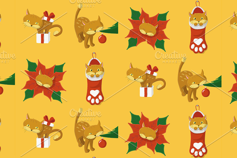 Christmas pattern with a cat playing