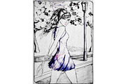 A drawing of a girl walking along a