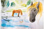 Horses at the watering, drawing