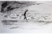 man walks along the sea in storm and