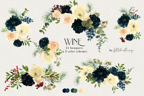 Wine Watercolor Floral Clipart Kit in Illustrations - product preview 3