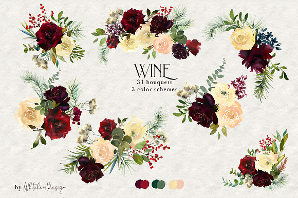 Wine Watercolor Floral Clipart Kit in Illustrations - product preview 4