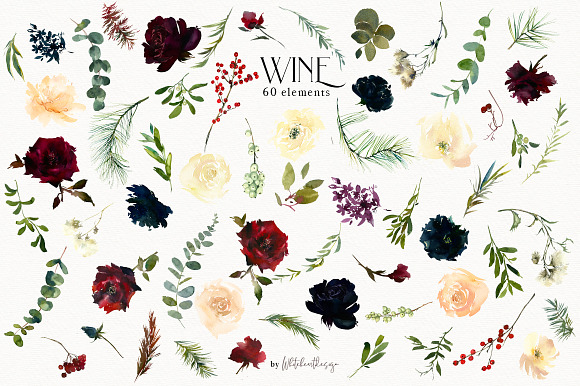 Wine Watercolor Floral Clipart Kit in Illustrations - product preview 22