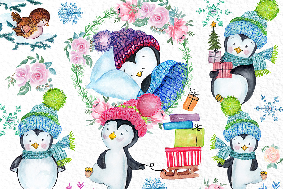Cute Watercolour Penguins clipart in Illustrations - product preview 8