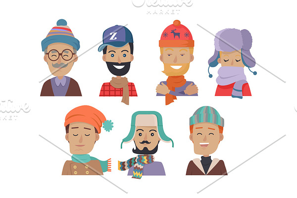 Icons Set of Smiling Men in Hats and