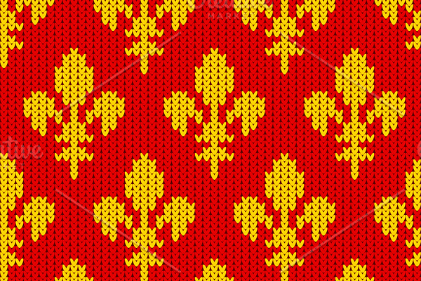 Knitted golden Royal Lilies on red