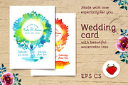 Watercolor wedding card with tree