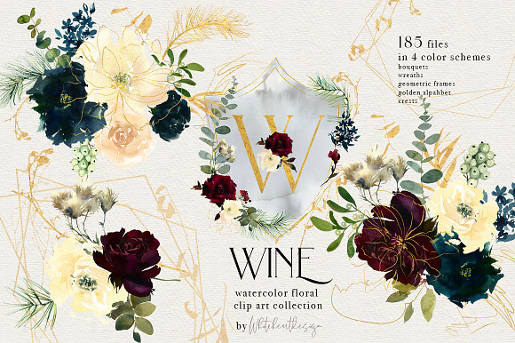 Wine Watercolor Floral Clipart Kit in Illustrations - product preview 28