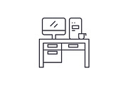 Home computer desk line icon concept