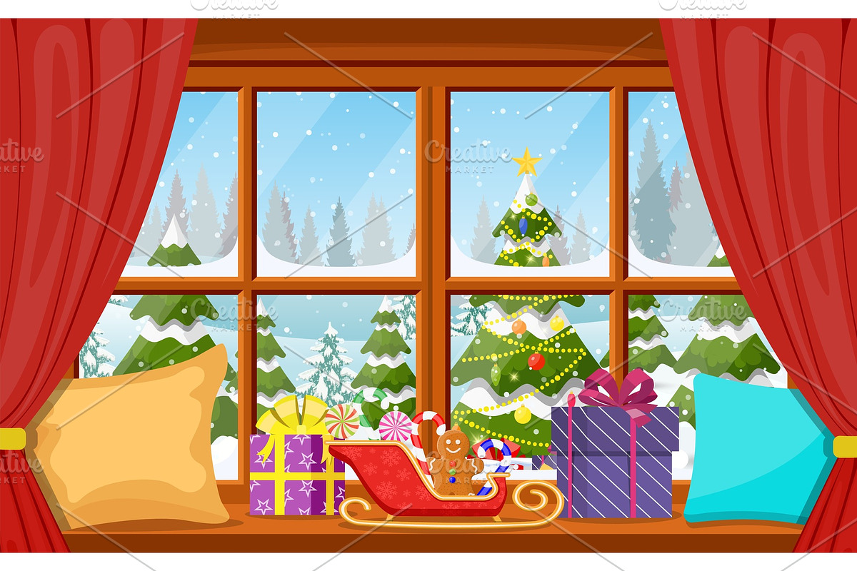 Christmas window view with a snowy in Objects - product preview 8