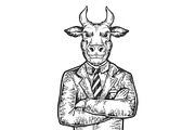 Bull businessman engraving vector