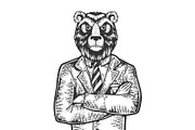 Bear businessman engraving vector