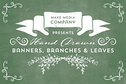 Hand Drawn Banners, Branches, Leaves