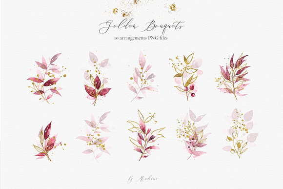 Duetto - gold watercolor leaf set in Illustrations - product preview 3