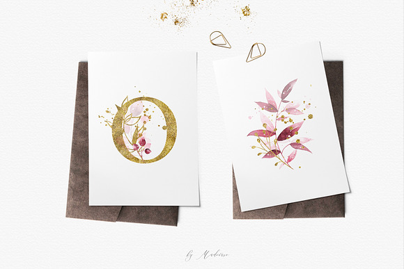 Duetto - gold watercolor leaf set in Illustrations - product preview 4