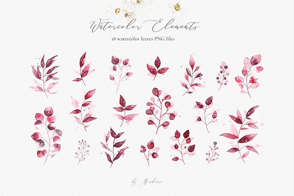 Duetto - gold watercolor leaf set in Illustrations - product preview 9