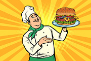 chef with Burger. Cooking fast food