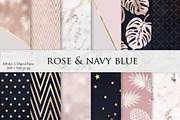 Rose Marble, Navy Blue Foil Textures