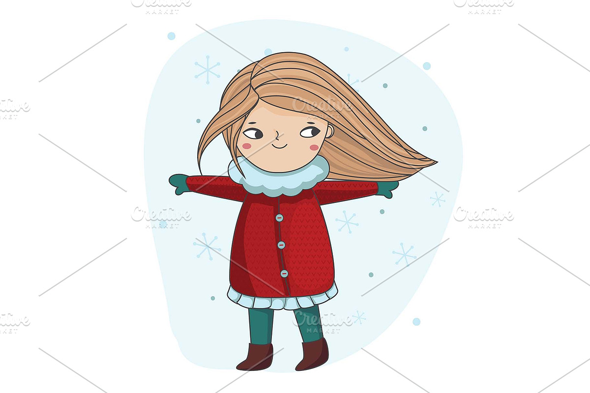Cute winter girl enjoy snowfall in Illustrations - product preview 8