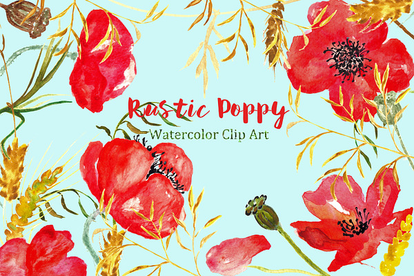 Ructic Poppy watercolor Clip Art