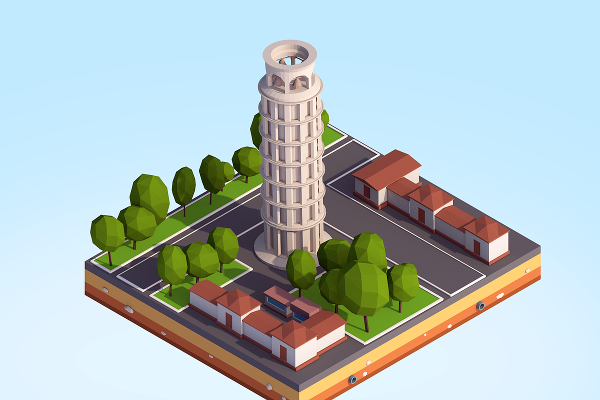 Cartoon Low Poly Pisa Tower Landmark in Architecture - product preview 8