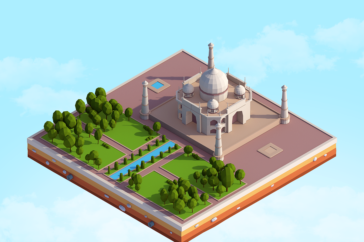 Cartoon Low Poly Taj Mahal Landmark in Urban - product preview 8