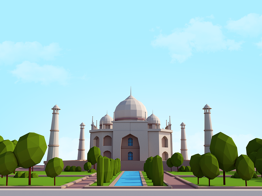 Cartoon Low Poly Taj Mahal Landmark in Urban - product preview 1
