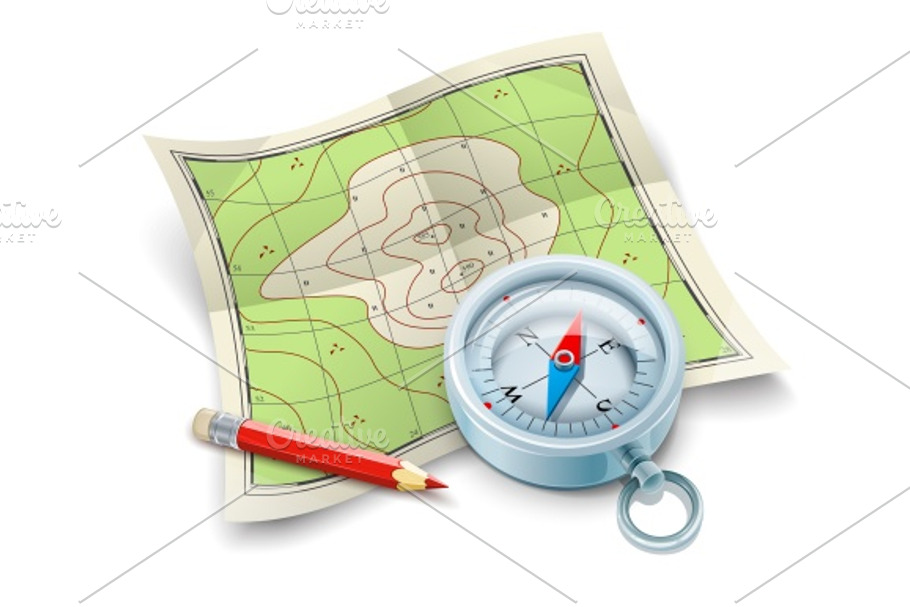 Compass map and pencil for tourism travel in Objects - product preview 8