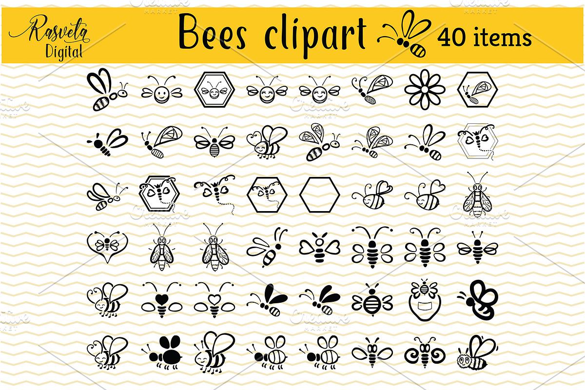Honey 40 Bees Clip Art in Illustrations - product preview 8