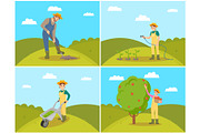 Farmer with Basket and Apples Vector