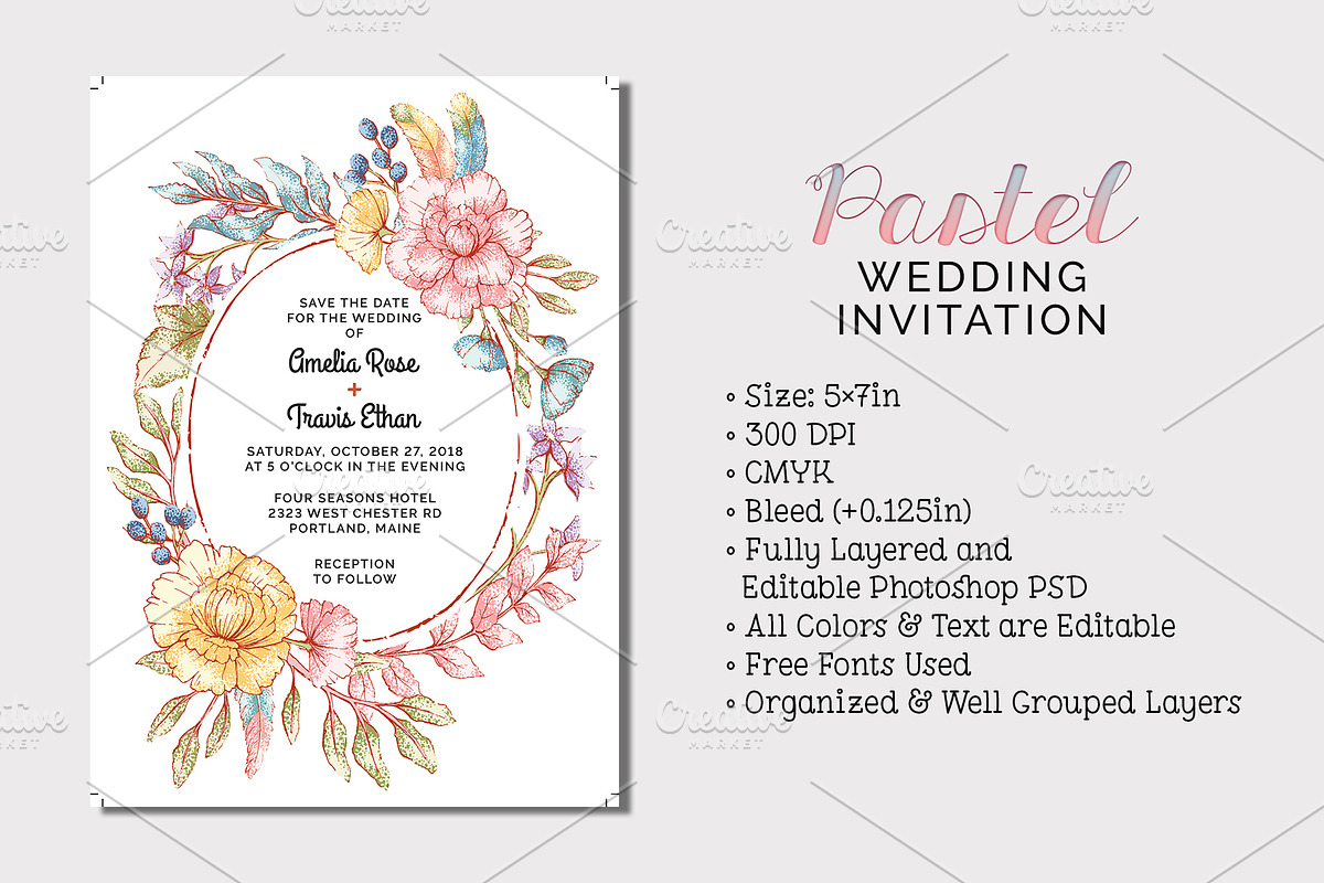 Pastel Wedding Invitation in Wedding Templates - product preview 8