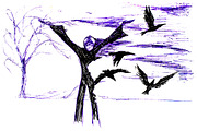 Scarecrow in the garden and crows
