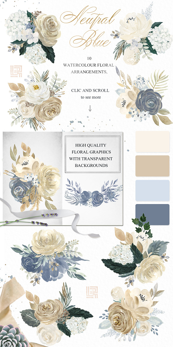 Neutral flowers  Watercolor clipart in Illustrations - product preview 3