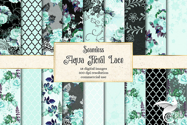 Aqua Floral Lace Digital Paper