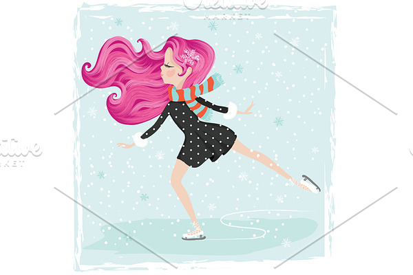 ice skating girl.Christmas postcard.
