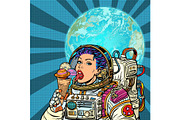 Woman astronaut eats planets of the