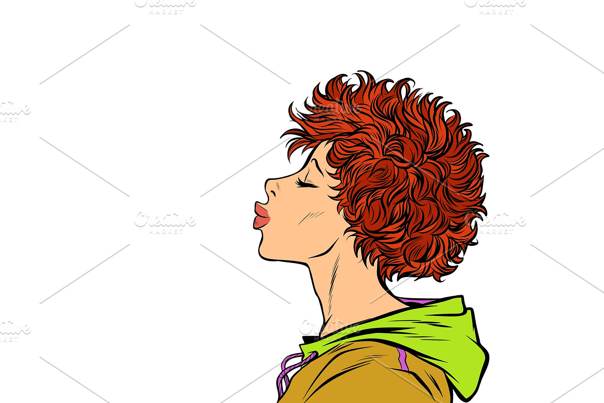 woman kiss, profile view. Girls 80s in Illustrations - product preview 8
