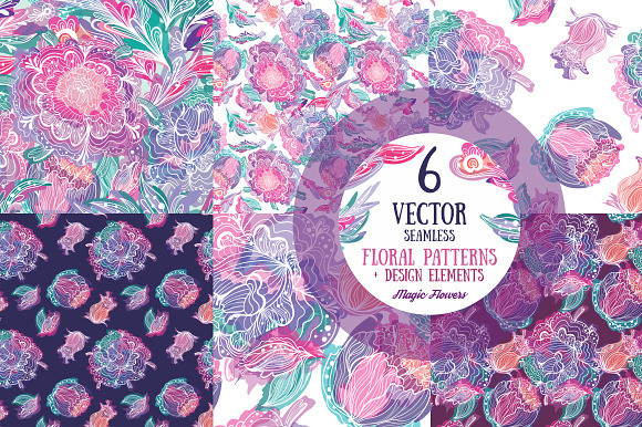 Magic FLowers 6 Vector Patterns in Patterns - product preview 1