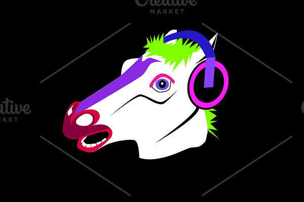 Funny horse head with headphones