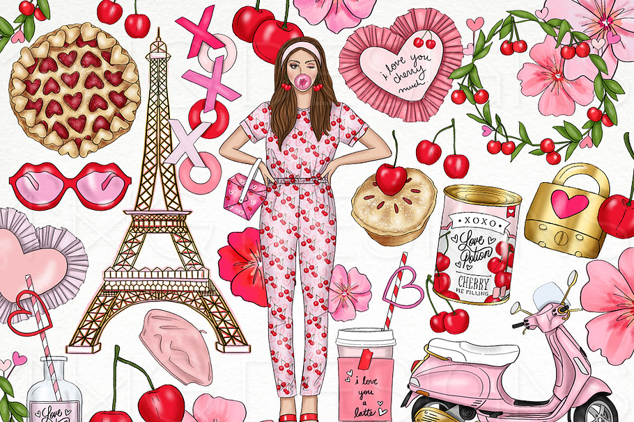 Cherry Love Fashion Girl Clip Art in Illustrations - product preview 8