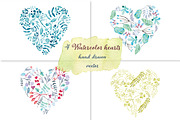 Watercolor floral hearts set