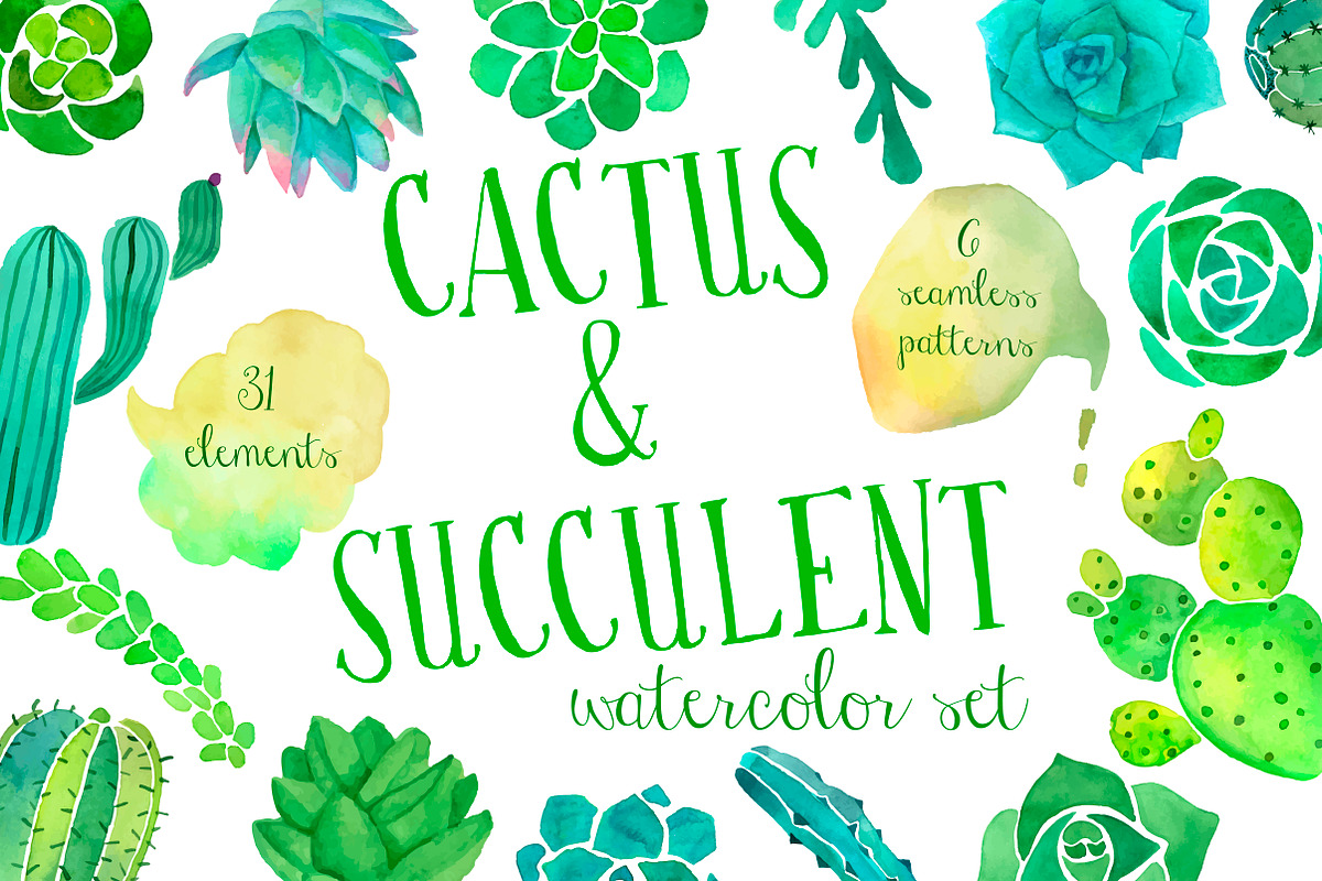 Watercolor cactus and succulent set in Objects - product preview 8