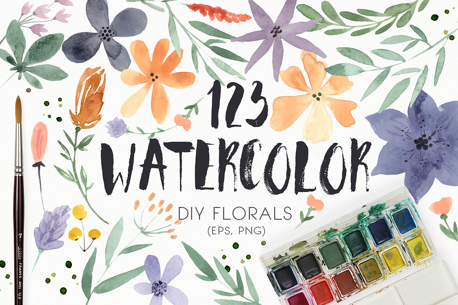 123 DIY Watercolor Flowers (EPS,PNG)